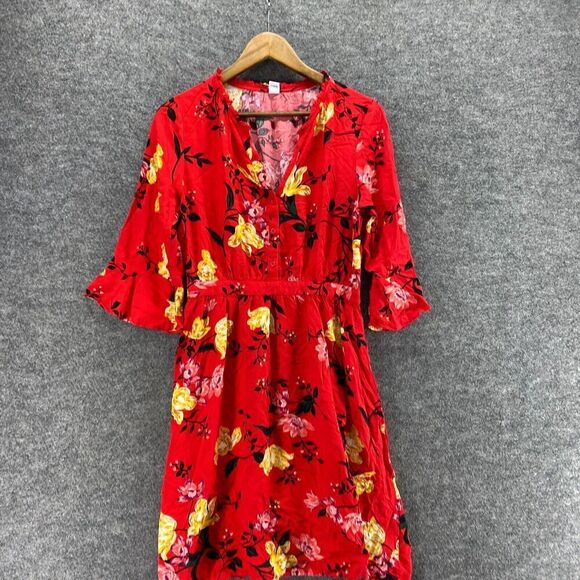 5/$45 Old Navy Dress Women M Medium Red Floral Sheath Midi V-Neck 3/4 Sleeve - Picture 3 of 10
